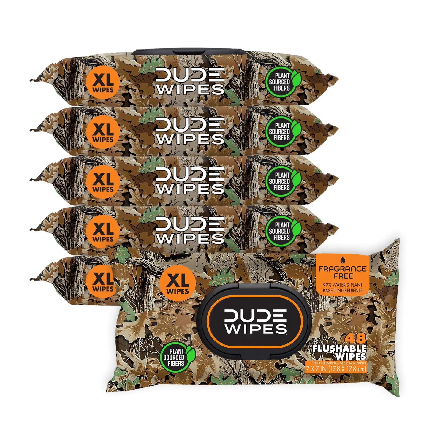 DUDE Wipes - Flushable Wipes - 6 Pack 288 Wipes - Extra Large Camouflage Unscented Wet Wipes with Vitamin E & Aloe