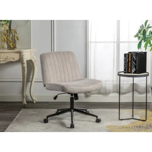 Cross Legged Office Chair, Wide Comfty Desk Chair, Fabric Vanity Home Chair,Armless Computer Task Chair With Wheels