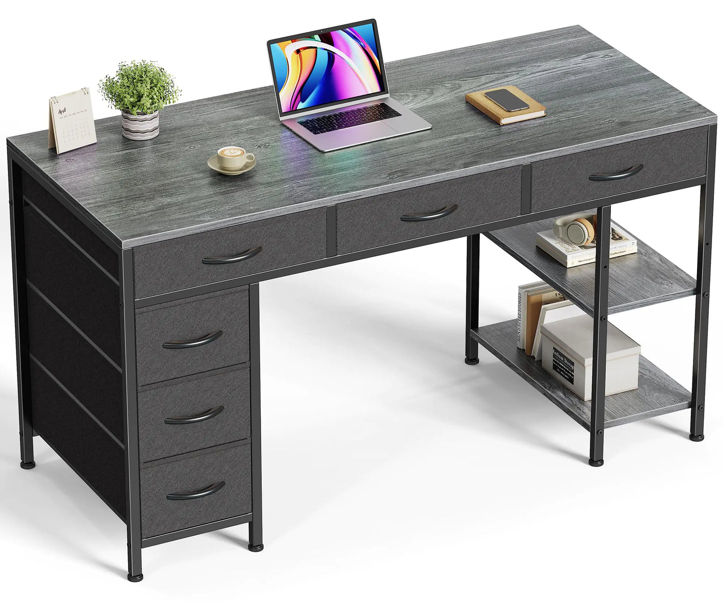 Huuger Computer Desk with 6 Drawers 47 Inch Office Desk with Shelves Reversible Gaming Desk Corner Desk with Storage Work Desk for Home Office Study Living Room Gray