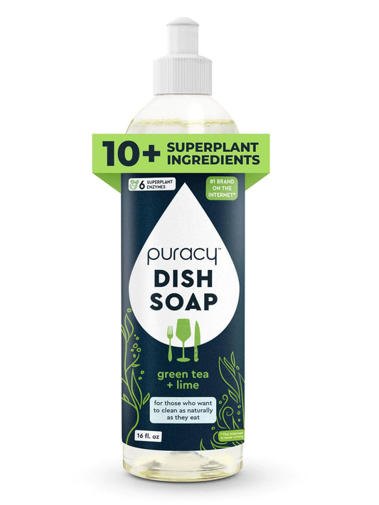 Puracy Natural Dish Soap - Skin-Softening Plant-Based Dishwashing Soap Non-Toxic Dish Soap Organic Liquid Dishwashing Detergent Soap (Green Tea & Lime 16 fl oz)