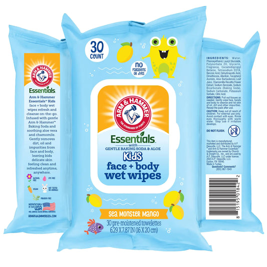 Flushable Wipes Kids - 30 Flushable Baby Wipes - Sea Monster Mango Baby Wipe - Pack of 1 Travel Baby Wipes - Wet Wipes Baby - Wipes Flushable Pack