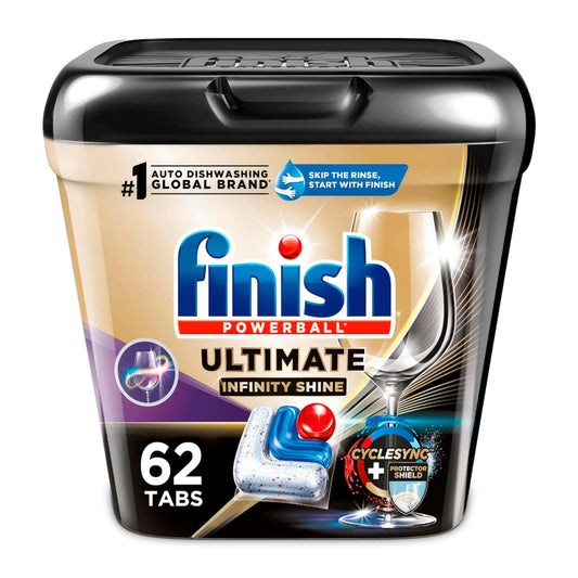 Finish Ultimate Plus Infinity Shine Dishwasher Pods No Pre-Rinse Dishwasher Detergent Tabs with Protector Shield & CycleSync Technology Removes Burnt-On Stains Degreases Scrubbing Power 62 Count