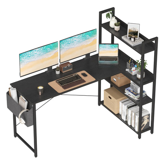 Treesland 55 Inch Computer Desk with Storage Shelves L Shaped Desk with Storage Corner Desk with Storage Home Office Desks Bookshelf Desk Writing Study Desk for Bedroom Black