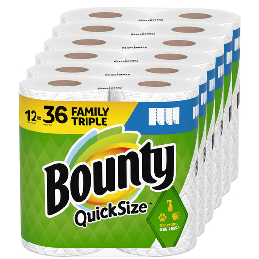 Bounty Quick-Size Paper Towels White 12 Family Triple Rolls = 36 Regular Rolls